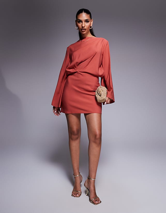 asos ASOS DESIGN long sleeve tucked waist bias mini dress in rust
