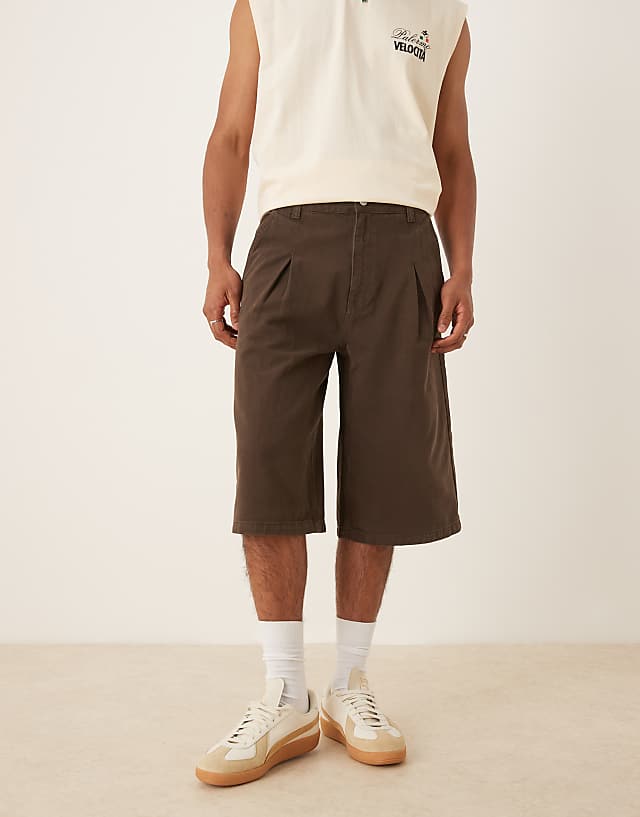 Asos ASOS DESIGN Longer Length Denim Jort With Box Pleat In Brown Wash