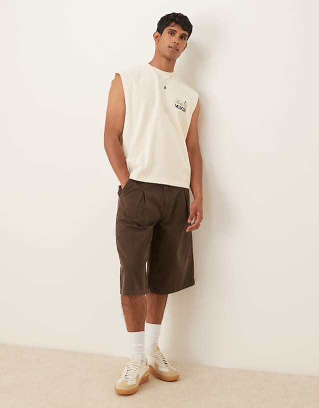 asos ASOS DESIGN longer length denim jort with box pleat in brown wash
