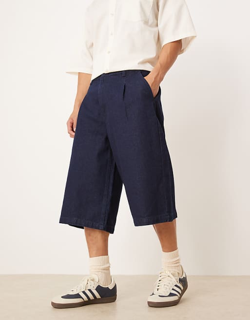 Asos ASOS DESIGN Longer Length Pleated Denim Jort In Raw Wash