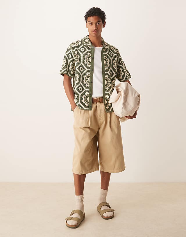 Asos ASOS DESIGN Longer Length Shorts In Beige With Double Pleats