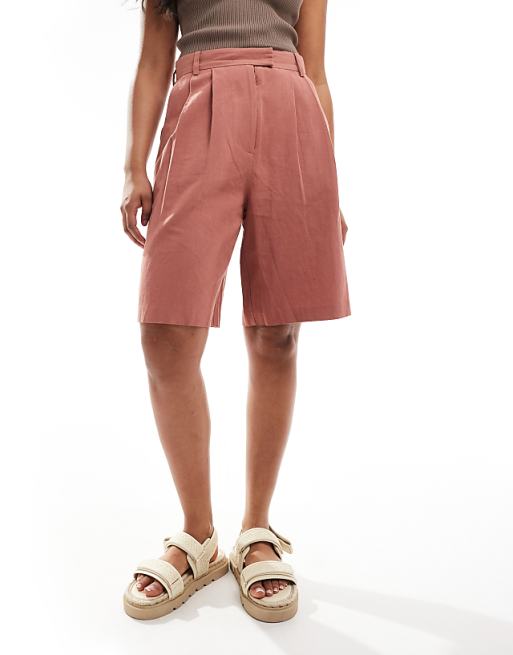 asos ASOS DESIGN longline high waisted tailored short with linen in terracotta