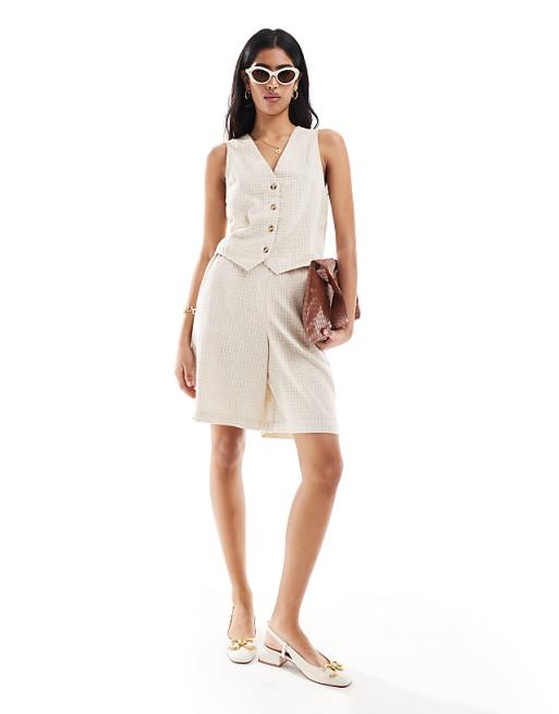 asos ASOS DESIGN longline short with linen in natural check co-ord