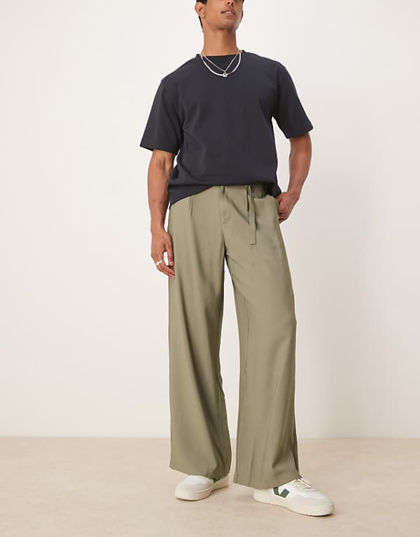 asos ASOS DESIGN loose fit smart trousers with belt in olive