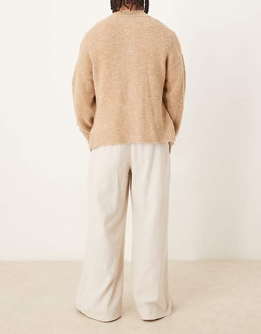 Asos ASOS DESIGN Loose Fit Smart Trousers With Wide Waistband And Linen Blend In Neutral