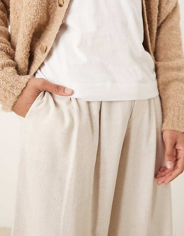 Asos ASOS DESIGN Loose Fit Smart Trousers With Wide Waistband And Linen Blend In Neutral