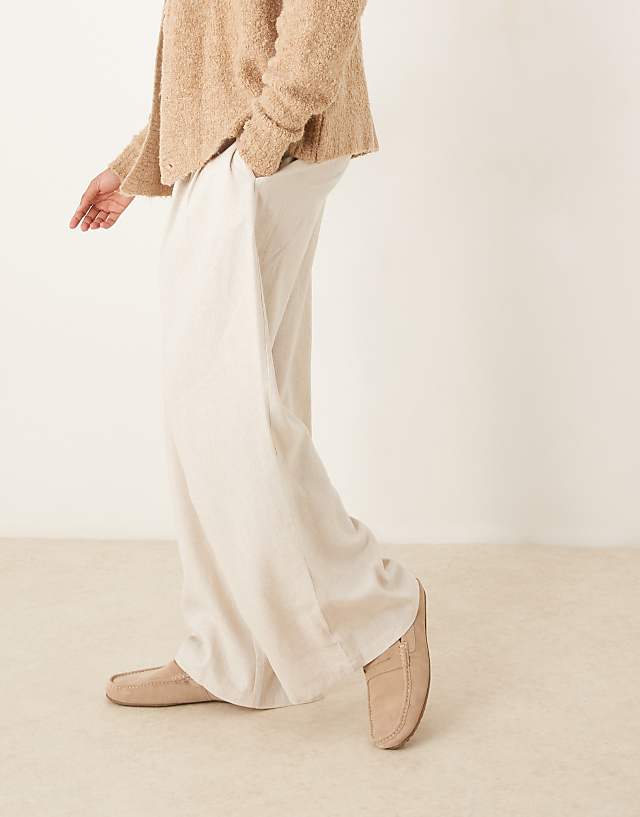 Asos ASOS DESIGN Loose Fit Smart Trousers With Wide Waistband And Linen Blend In Neutral
