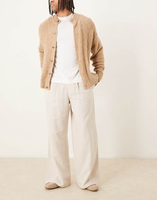 asos ASOS DESIGN loose fit smart trousers with wide waistband and linen blend in neutral