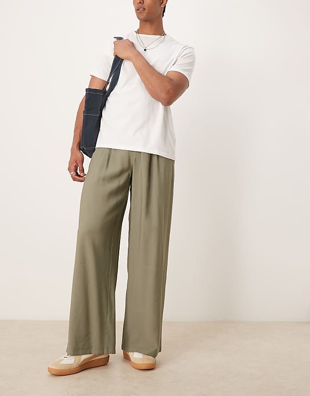 asos ASOS DESIGN loose leg smart trouser with double stitch down pleat in khaki