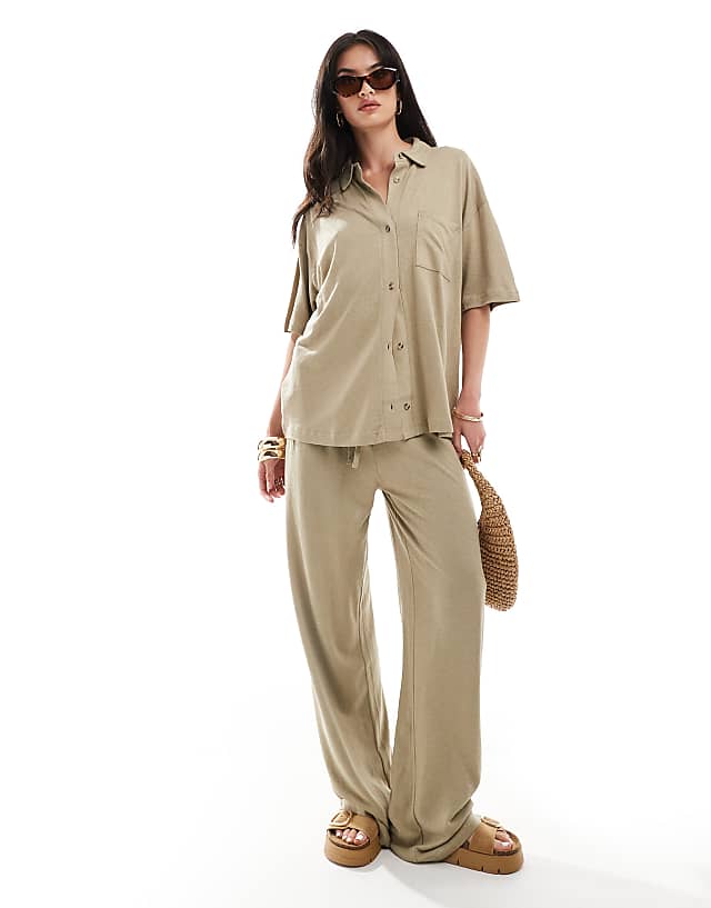 asos ASOS DESIGN low rise linen look trousers in taupe
