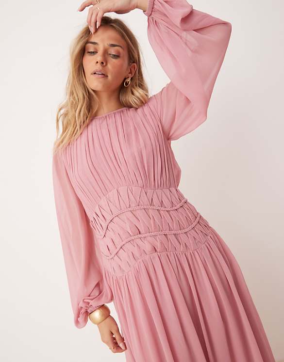Asos ASOS DESIGN Macrame Waisted Detail Maxi Dress In Dusky Pink