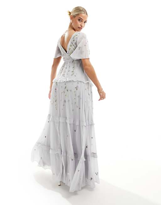 Asos ASOS DESIGN Maternity Bridesmaid Flutter Sleeve Embellished Wrap Maxi Dress With Embroidery In Light Blue