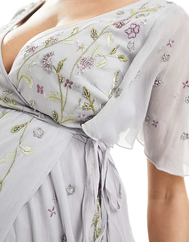 Asos ASOS DESIGN Maternity Bridesmaid Flutter Sleeve Embellished Wrap Maxi Dress With Embroidery In Light Blue