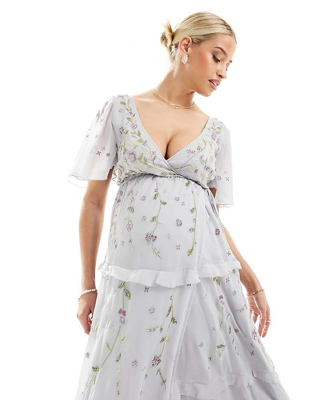 Asos ASOS DESIGN Maternity Bridesmaid Flutter Sleeve Embellished Wrap Maxi Dress With Embroidery In Light Blue