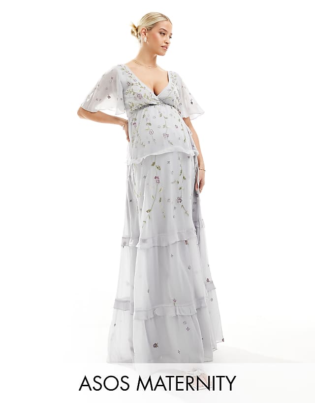asos ASOS DESIGN Maternity Bridesmaid flutter sleeve embellished wrap maxi dress with embroidery in light blue