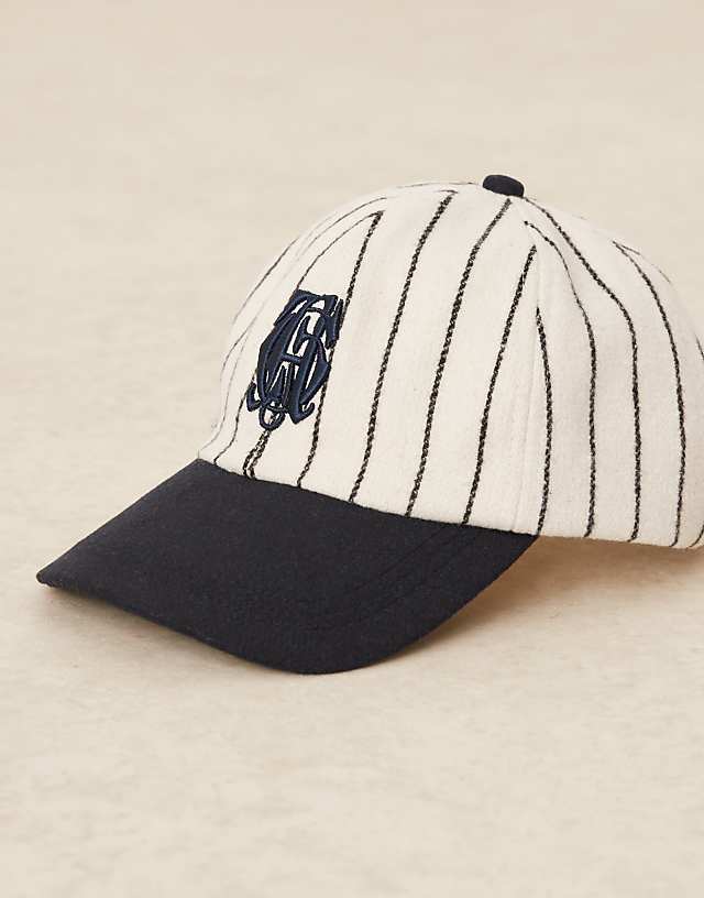 asos ASOS DESIGN melton baseball cap with embroidery and stripes in ecru and navy