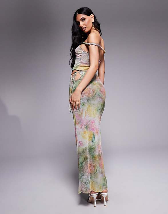 Asos ASOS DESIGN Mesh Bardot Faux-ord With Twisted Straps Maxi Dress In Blurred Pastel Floral Print