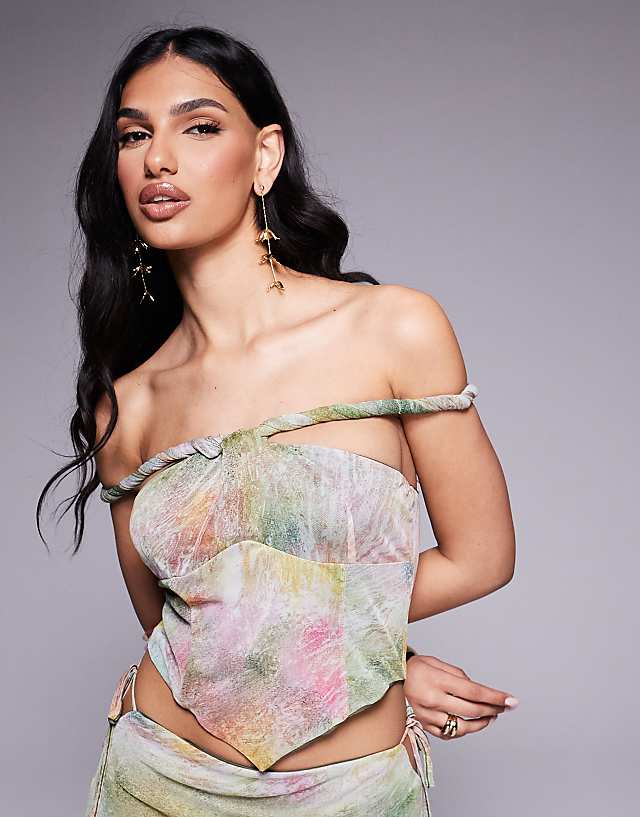 Asos ASOS DESIGN Mesh Bardot Faux-ord With Twisted Straps Maxi Dress In Blurred Pastel Floral Print