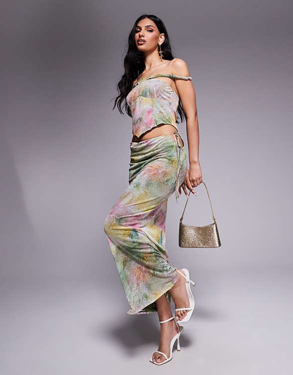 asos ASOS DESIGN mesh bardot faux-ord with twisted straps maxi dress in blurred pastel floral print