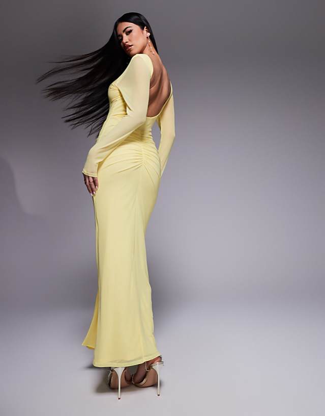 Asos ASOS DESIGN Mesh Long Sleeve Slash Neck Open Back Maxi Dress With Sash In Pastel Yellow
