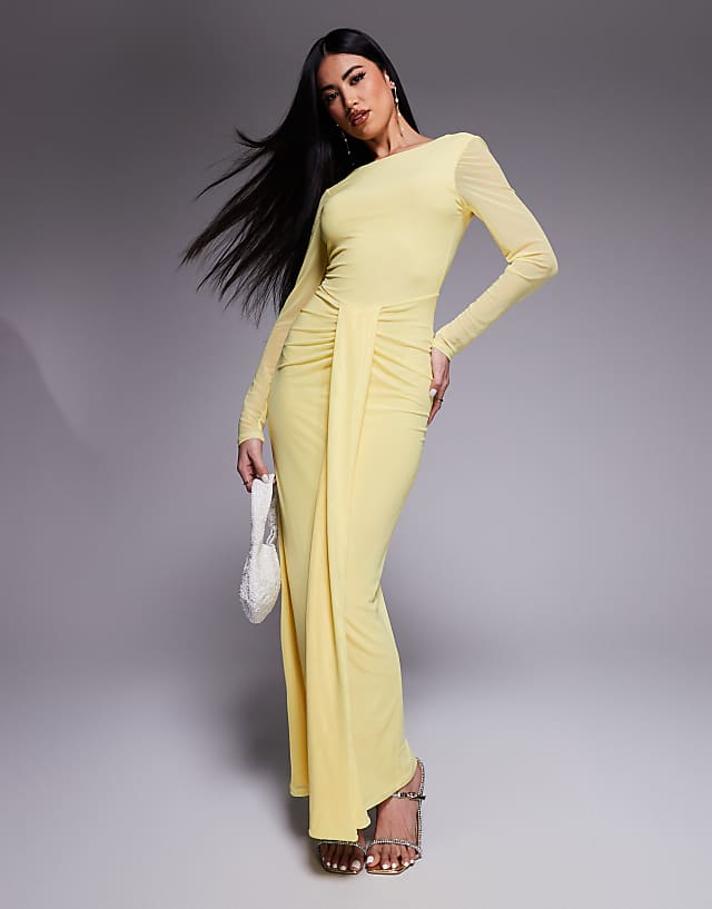 asos ASOS DESIGN mesh long sleeve slash neck open back maxi dress with sash in pastel yellow