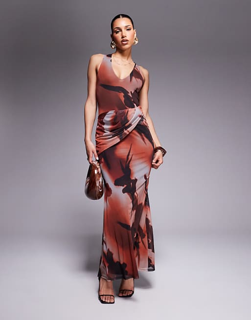 asos ASOS DESIGN mesh plunge neckline maxi dress with wrap sash detail in blurred orange print