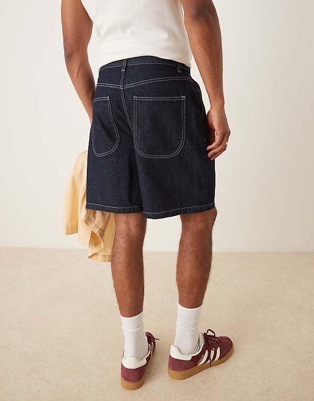 Asos ASOS DESIGN Mid Length Denim Jort With Double Pleats In Raw Wash