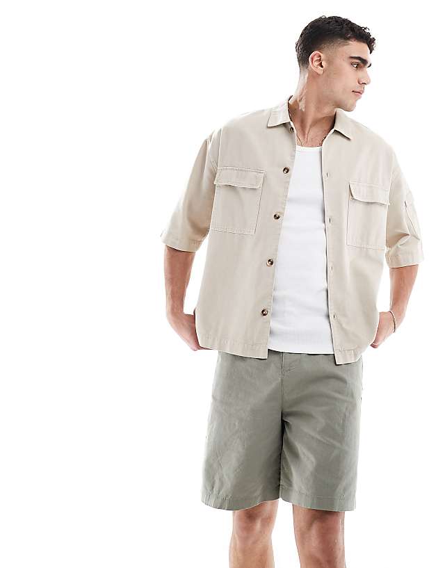 Asos ASOS DESIGN Mid Length Linen Blend Shorts In Khaki