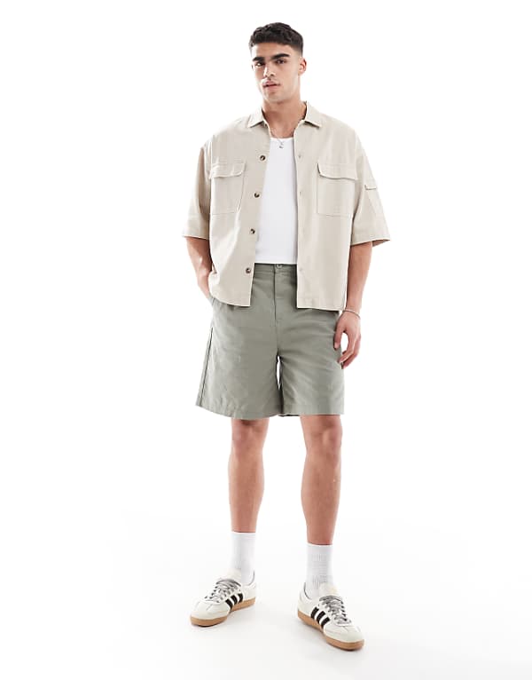 asos ASOS DESIGN mid length linen blend shorts in khaki