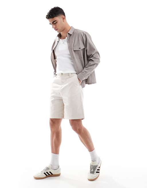 asos ASOS DESIGN mid length linen blend shorts in stone
