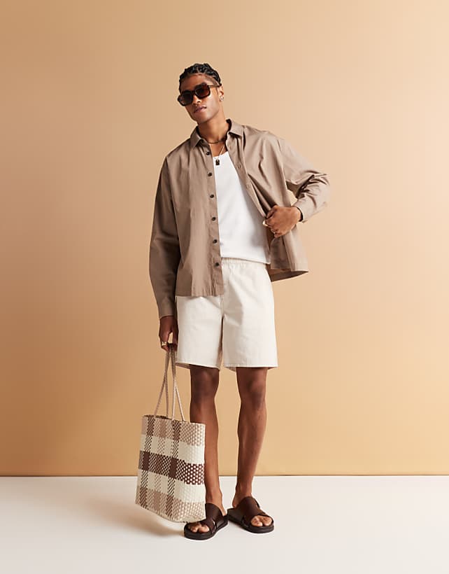 asos ASOS DESIGN mid length pull on linen blend short in stone