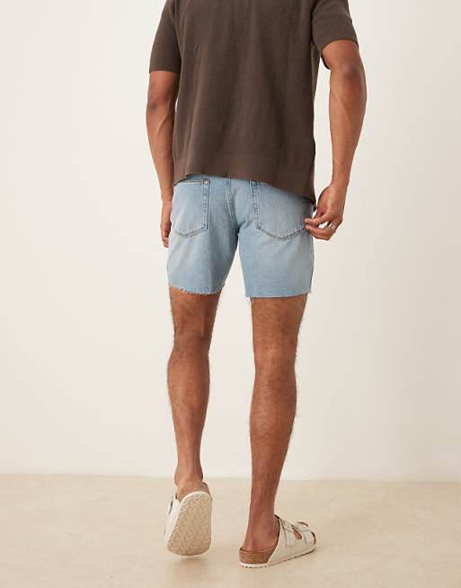 Asos ASOS DESIGN Mid Length Slim Denim Shorts In Light Wash Blue