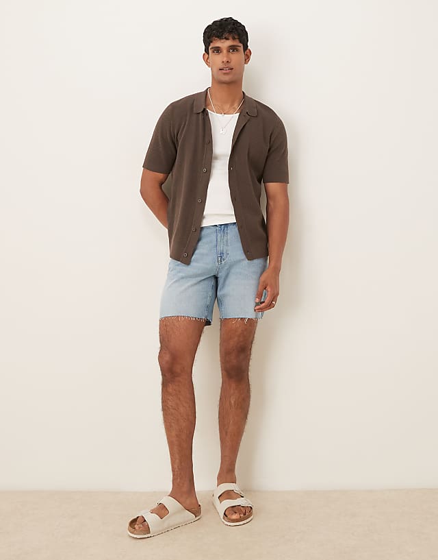 asos ASOS DESIGN mid length slim denim shorts in light wash blue