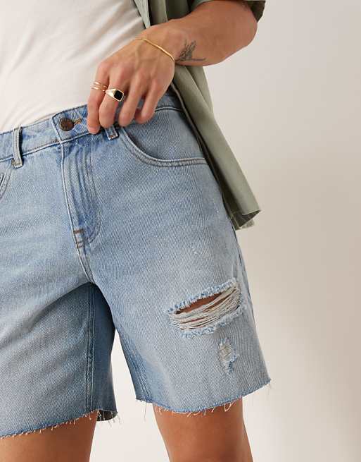 Asos ASOS DESIGN Mid Length Slim Denim Shorts With Rips In Light Wash Blue