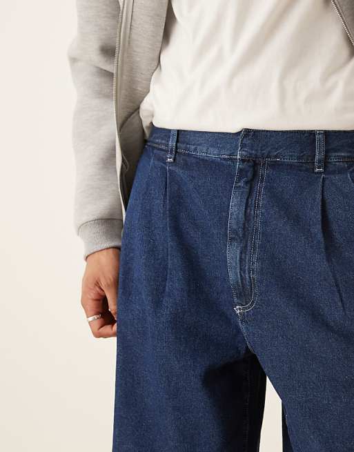 Asos ASOS DESIGN Mid Length Wide Denim Shorts With Pleat In Dark Wash Blue