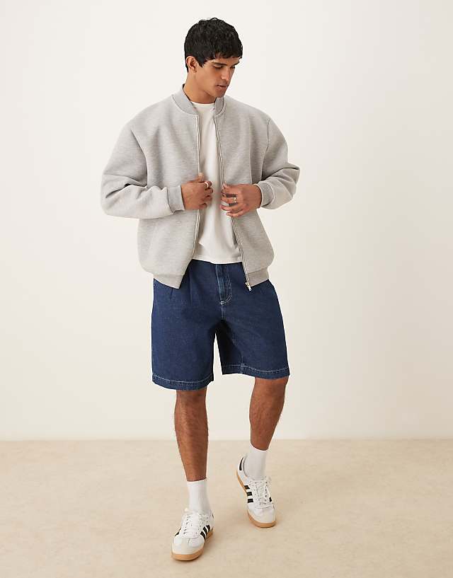 Asos ASOS DESIGN Mid Length Wide Denim Shorts With Pleat In Dark Wash Blue