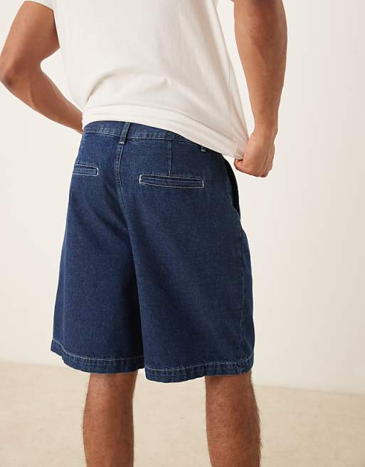 Asos ASOS DESIGN Mid Length Wide Denim Shorts With Pleat In Dark Wash Blue
