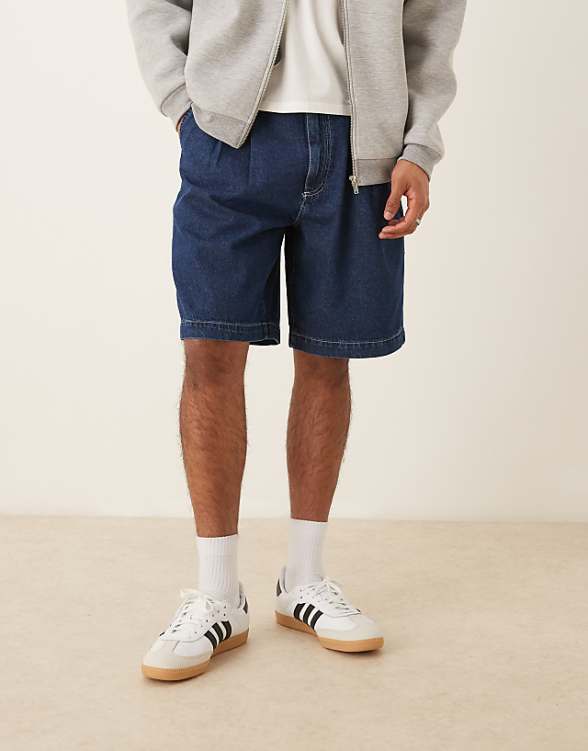 asos ASOS DESIGN mid length wide denim shorts with pleat in dark wash blue