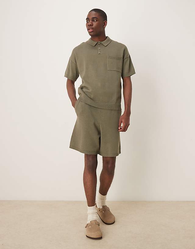 Asos ASOS DESIGN Midweight Knitted Cotton Shorts Co-ord In Khaki