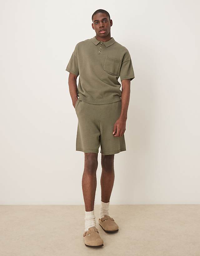 asos ASOS DESIGN midweight knitted cotton shorts co-ord in khaki