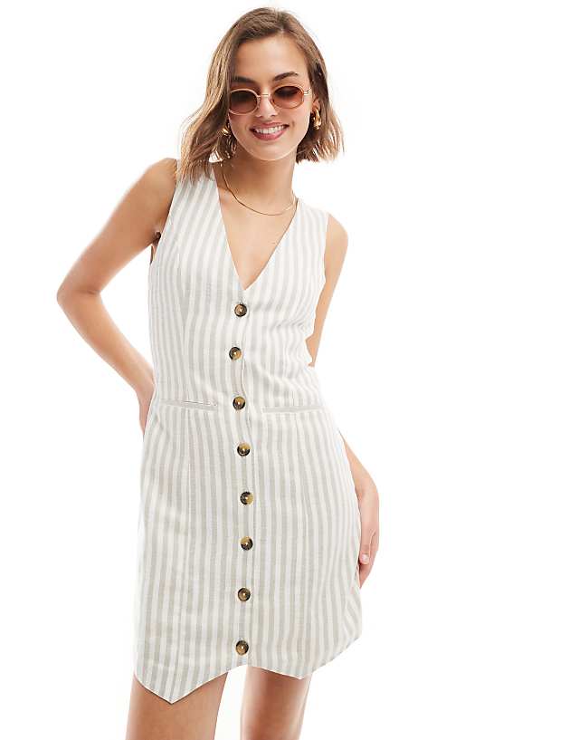 Asos ASOS DESIGN Mini Button Through Linen Waistcoat Dress In Natural Stripe