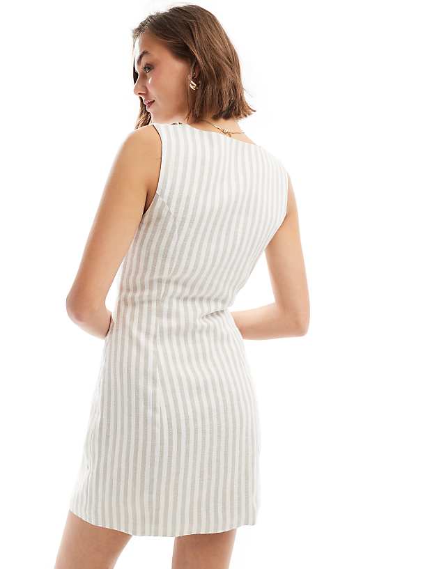 Asos ASOS DESIGN Mini Button Through Linen Waistcoat Dress In Natural Stripe