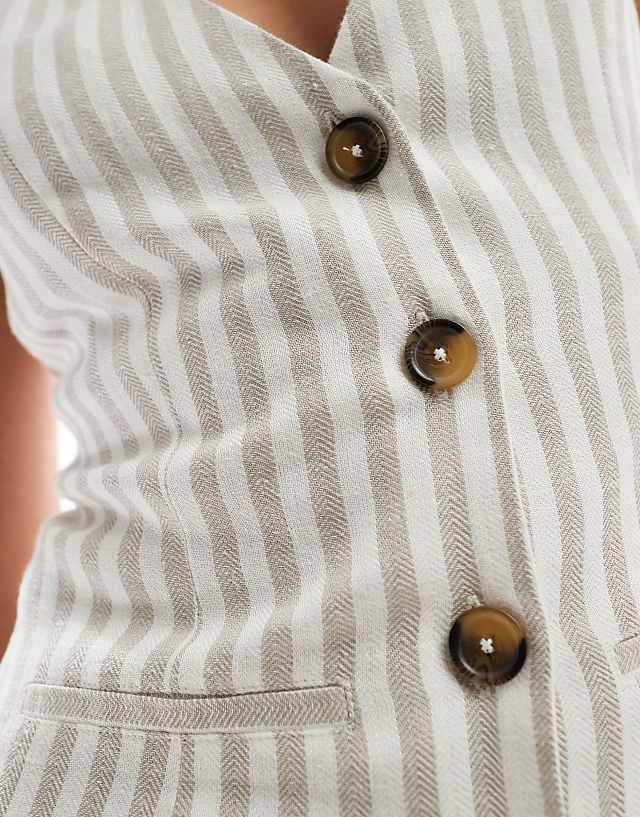 Asos ASOS DESIGN Mini Button Through Linen Waistcoat Dress In Natural Stripe
