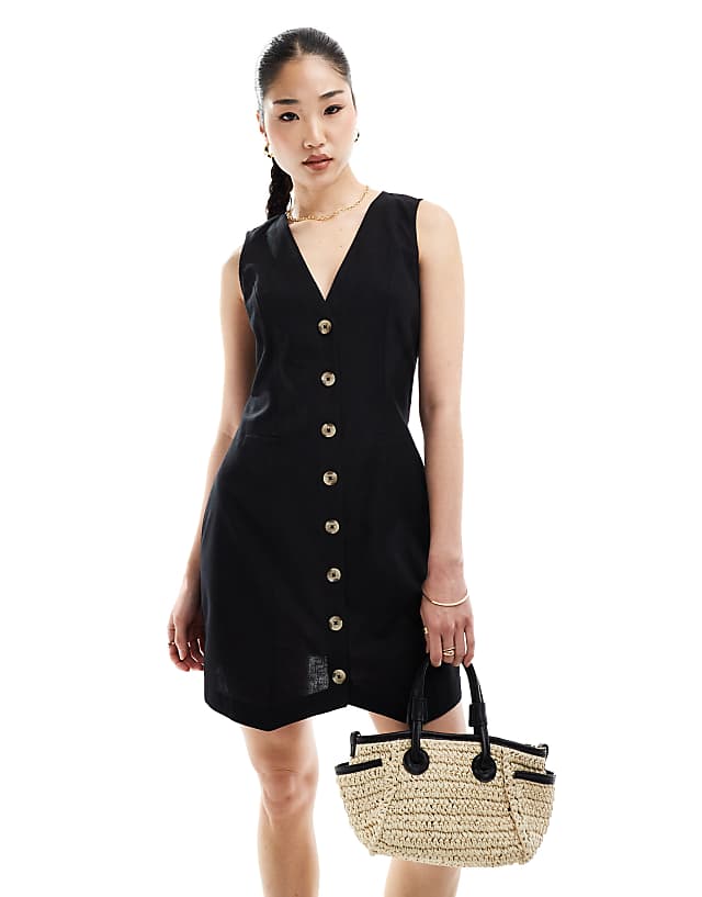 asos ASOS DESIGN Mini button through linen waistcoat dress in black