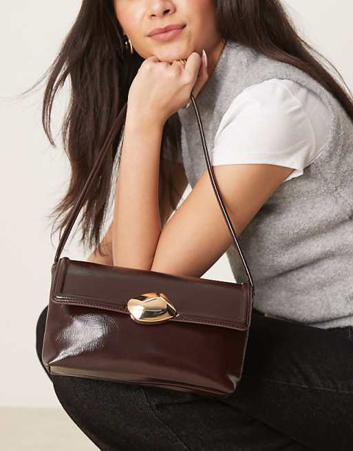 asos ASOS DESIGN molten hardware closure shoulder bag in brown