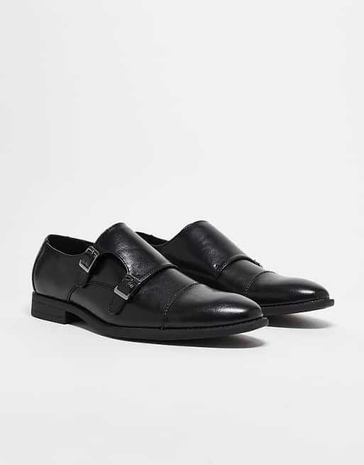 Asos ASOS DESIGN Monk Shoes In Black Faux Leather With Emboss Panel