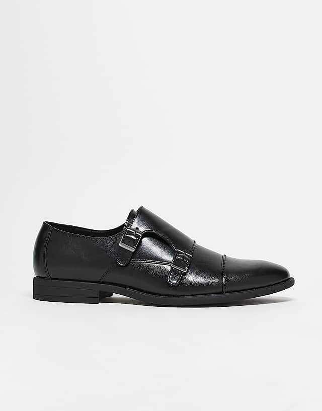 asos ASOS DESIGN monk shoes in black faux leather with emboss panel