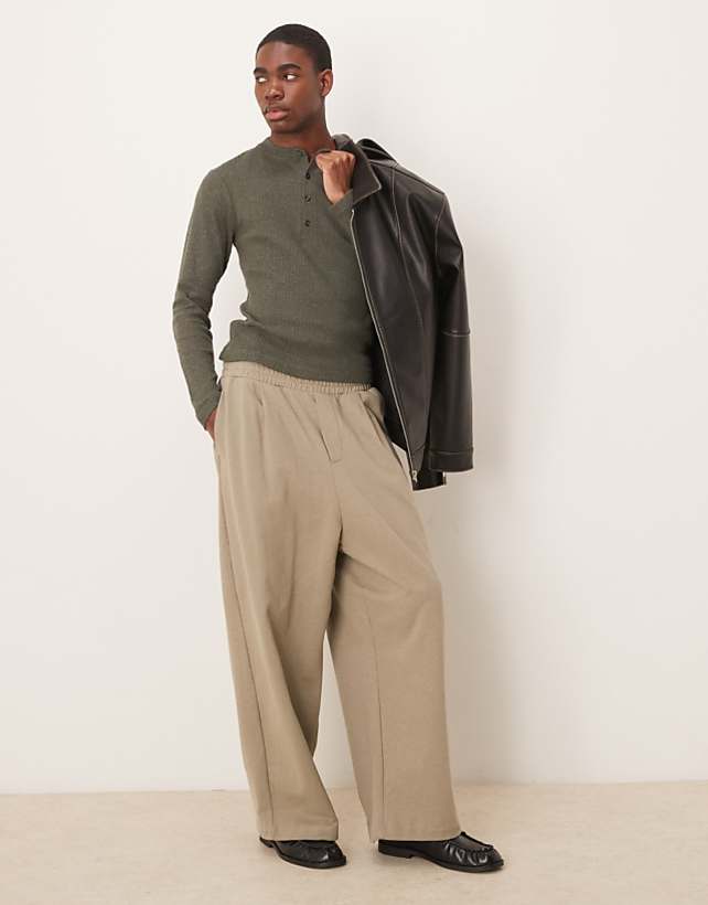 Asos ASOS DESIGN Muscle Fit Boxy Brushed Rib Sweatshirt With Henley Neck In Khaki