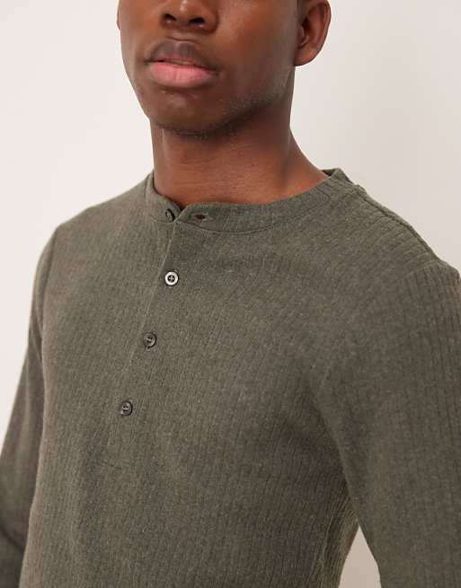 Asos ASOS DESIGN Muscle Fit Boxy Brushed Rib Sweatshirt With Henley Neck In Khaki