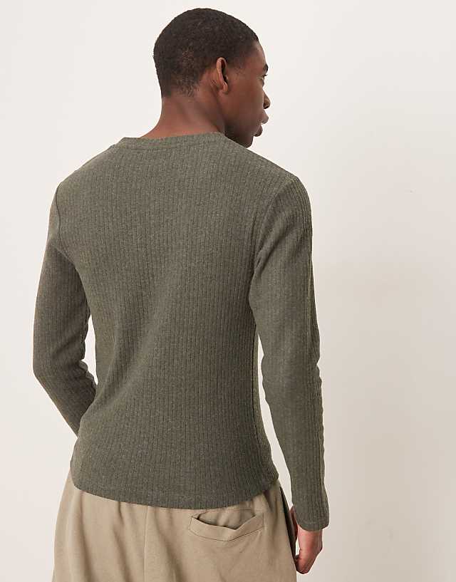 Asos ASOS DESIGN Muscle Fit Boxy Brushed Rib Sweatshirt With Henley Neck In Khaki